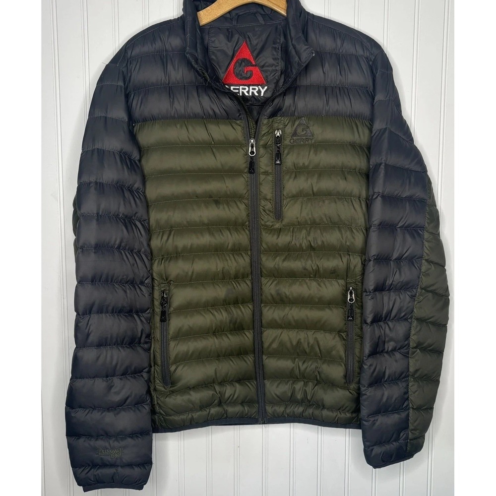 Gerry FillPower 650 Jacket LG Olive Green Grey Full Zip Puffer Packable Outdoor*